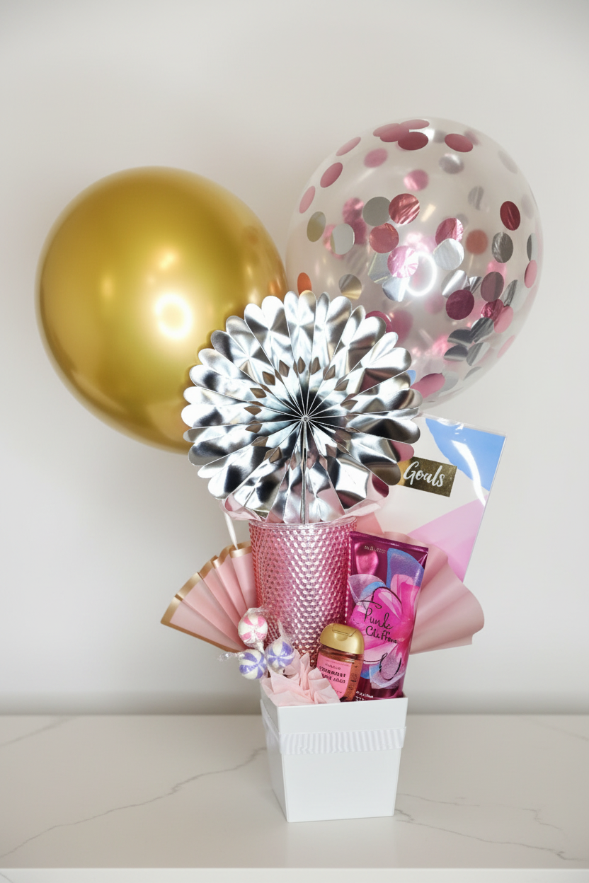 A festive birthday gift basket arrangement in a white square basket, featuring a metallic gold balloon, a clear balloon with pink and silver confetti, a large silver paper fan, pink and silver tissue paper, a pink textured cup, and assorted chocolates and treats.